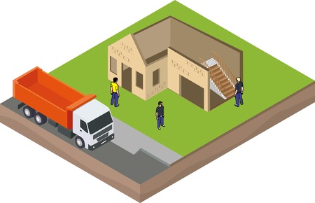 Isometric unfinished brick house construction with truck and buildersのイラスト素材