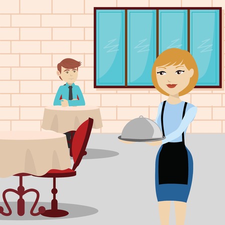 Waitress in a restaurant serving male customerのイラスト素材