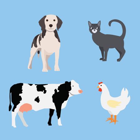 Farm animals set: dog, cat, cow, chickenのイラスト素材