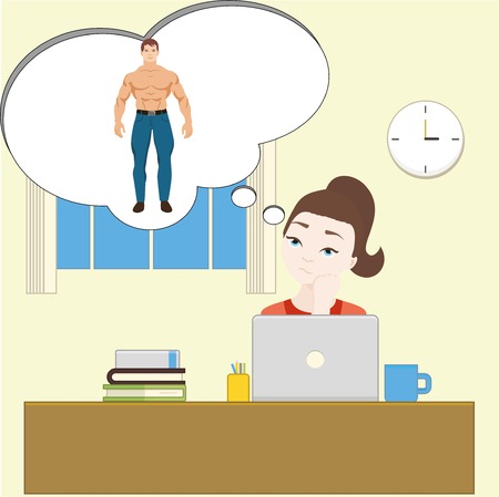 Office girl thinking on the boy of her dreamsのイラスト素材