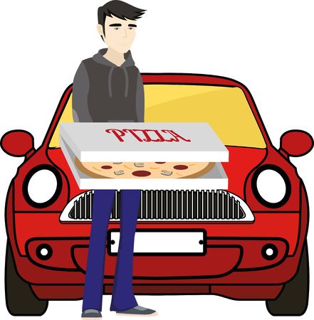 Pizza delivery. Man standing with pizza in front of pizza car.のイラスト素材