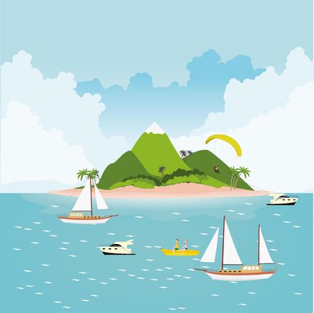 Active water rest and activities at sea by tropical islandのイラスト素材