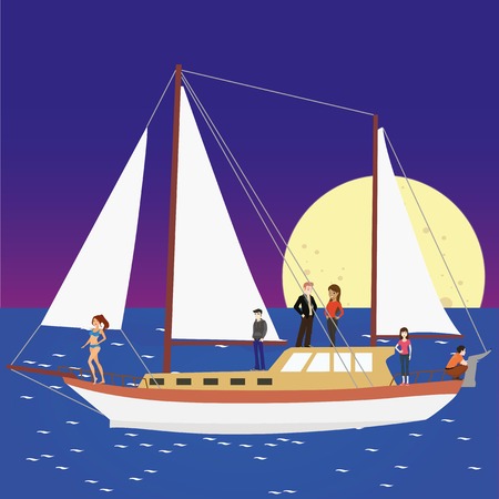 Night yacht party in open sea with big moonのイラスト素材