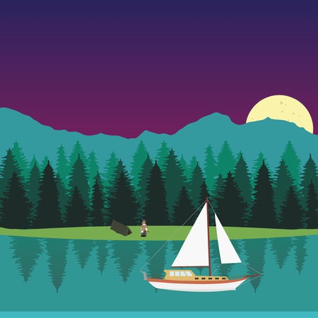 Night lake with boat, tent and manのイラスト素材