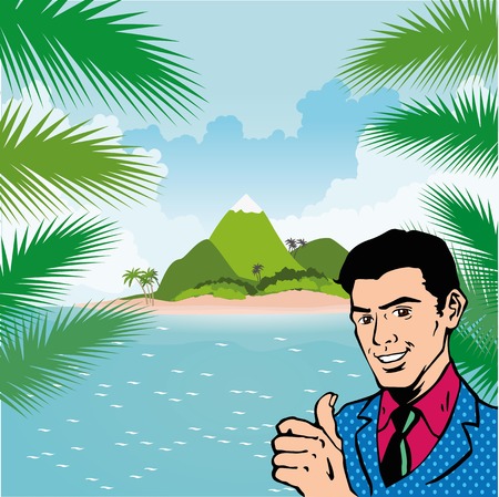 Man showing thumb up on tropical island with palms and mountains. Good summer vacation advertising.のイラスト素材
