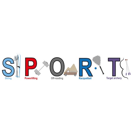 Word Sport with sport letters: skiing, powerlifting, off-roading, racquetball, target archery.のイラスト素材