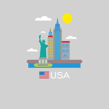 New york city view and the Statue of Liberty in front of it. USA infographic badge.のイラスト素材