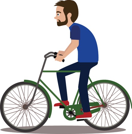 Hipster man with bike isolated on white background. Flat style biker.のイラスト素材