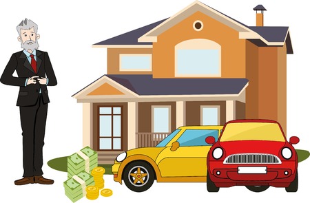 Rich old man with big cottage, cars, money. Realistic illustration.のイラスト素材