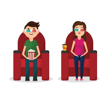Flat boy and girl sitting in cinema watching 3D movie in glassesのイラスト素材