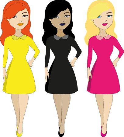 Beautiful young women in different color dressesのイラスト素材