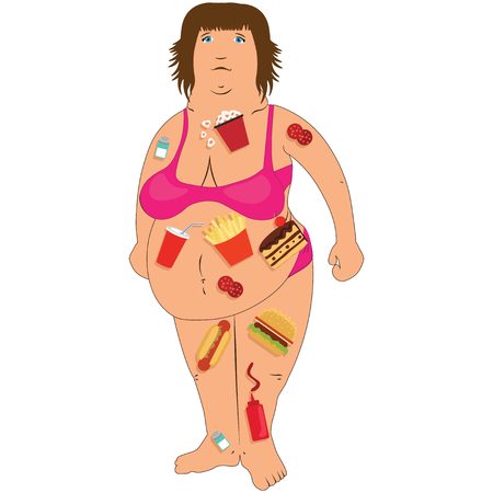 Fat woman with fast food insideのイラスト素材