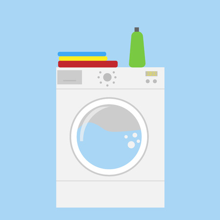 Washing machine and towels linen isolated on blue background.のイラスト素材
