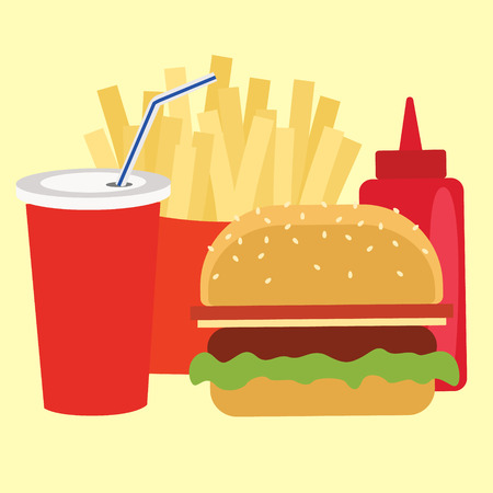 Fast food. Ketchup, mustard, glass of cola, french fries, hamburger.のイラスト素材