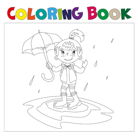 Girl with umbrella coloring bookのイラスト素材