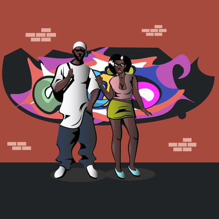 Womanand man on background wall with graffitiのイラスト素材