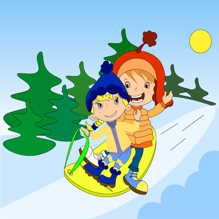 Children on a sled ride with the mountainのイラスト素材