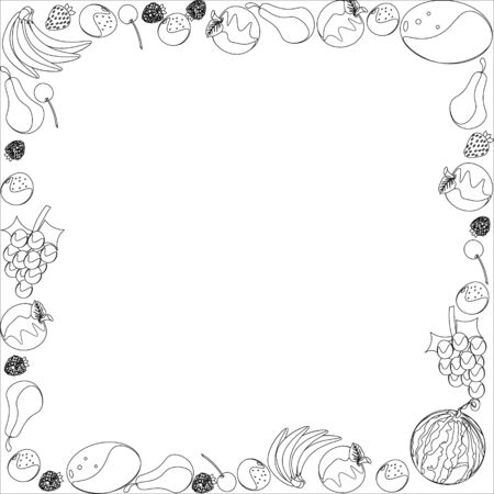 Frame of different fruit. Hand drawn sketch of fruits and berries.のイラスト素材