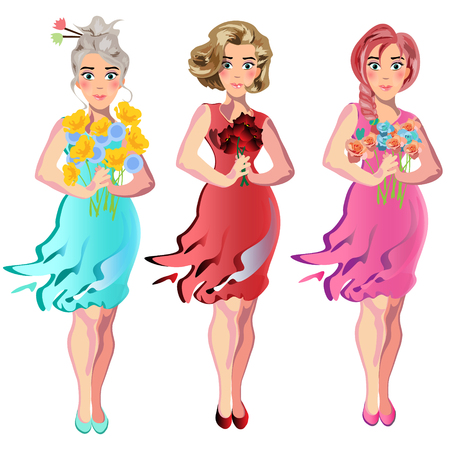 Set cute girls with bouquet of flowers.のイラスト素材