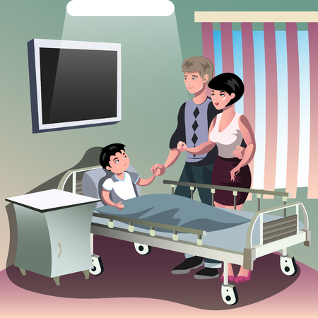 Parents with sick boy lying in a medical bed.のイラスト素材