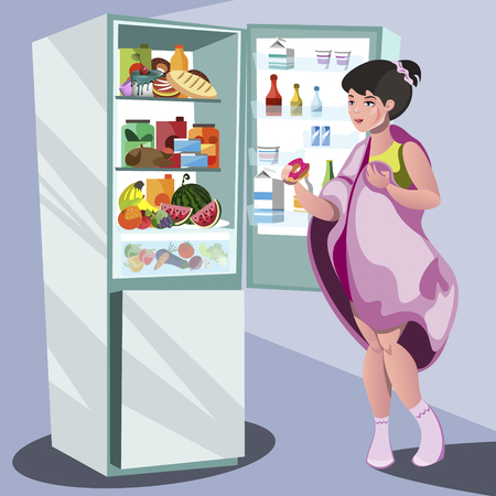 Woman near refrigerator thinking what to eat.のイラスト素材