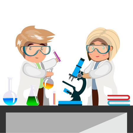 Man and woman chemist with test tubes and flasks.のイラスト素材