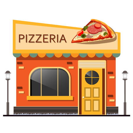 City pizzeria facade isolated. Vector illustration on white backgroundのイラスト素材