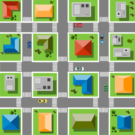 Top view city with streets, roads, houses, and carsのイラスト素材