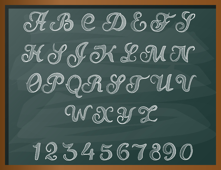 Alphabet drawing with chalk on chalkboard background.のイラスト素材