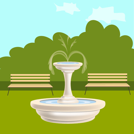 Fountain with benches in the parkのイラスト素材