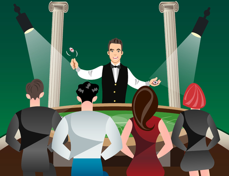 Casino and roulette with men women and croupier. Vector illustrationのイラスト素材