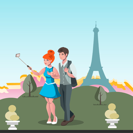 Young couple taking selfie in Parisのイラスト素材
