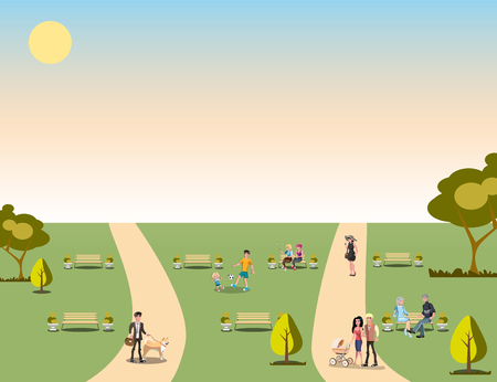 People relaxing in nature in a beautiful urban parkのイラスト素材