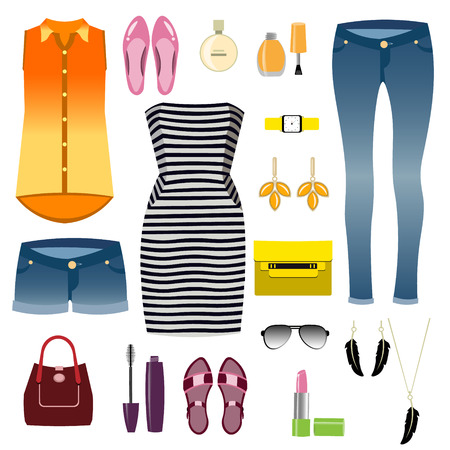 Woman clothes decorative icons flat set, vector illustration.のイラスト素材