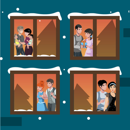 The windows of an apartment house in the evening of Christmas.のイラスト素材