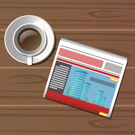 Cup of coffee, newspaper on wooden tableのイラスト素材