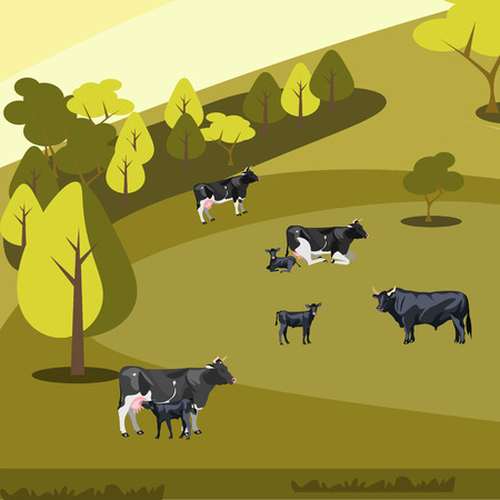 Farm flat landscape with cows. Vector illustrationのイラスト素材
