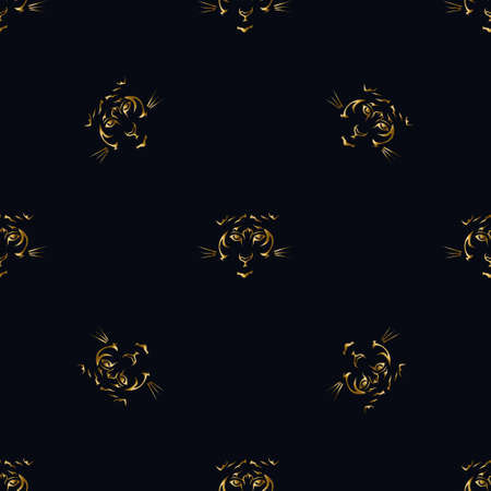 Seamless black background with golden tigers.のイラスト素材