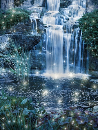 Magic night waterfall sceneの写真素材