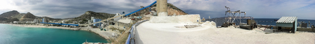A panorama or a panoramic view of a large area of a bentonite processing plant in Greece. At the...