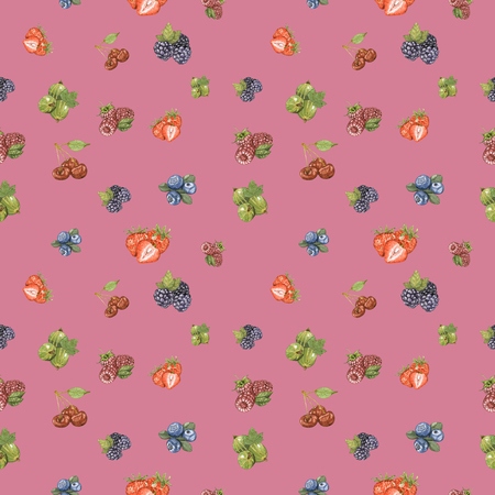 Watercolor hand drawn berry seamless pattern. Fresh strawberries, raspberries, gooseberries,...