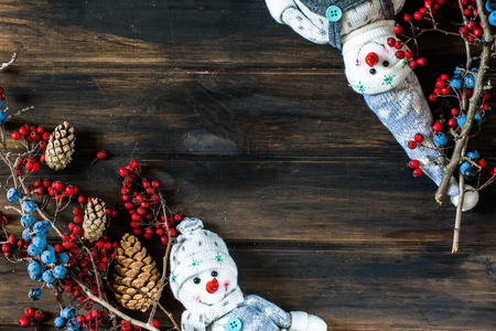 Christmas interior with snowman, Santa. winter composition. christmas background with copy space. New Year background with decorations. Christmas composition. Holiday composition. Xmas decoration.の写真素材