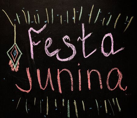 Festa Junina photo background with copy space for text. Traditional brazilian holiday. Traditional brazil celebration. Chalk drawingの写真素材