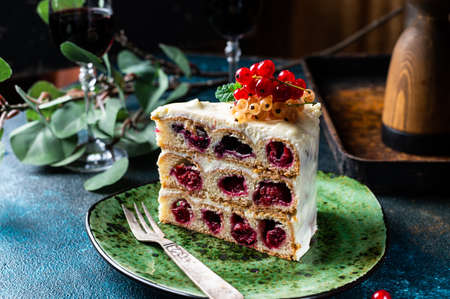Cherry cake. Traditional russian dessert. Piece of cake. Berries, dessert. Red currantの写真素材
