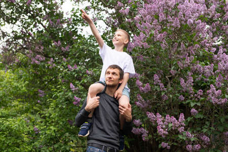 finger pointing, sitting on your back, studying, dad, son, child, father, upbringing, development, interest, looking at, playing, family vacation, nature walk, springの写真素材