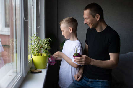 White T-shirt, dad hugs son, blonde, flower pot, watering flowers, house plants, window, window lightの写真素材