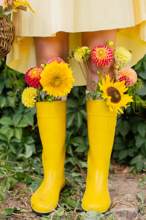 Floral arrangement with rubber boots worn on the feetの写真素材