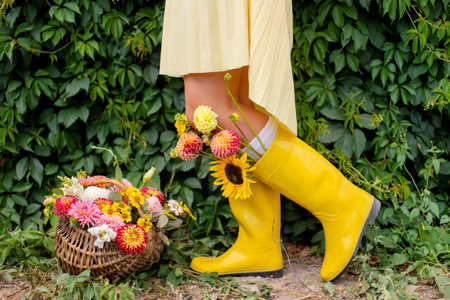 Floral arrangement with rubber boots worn on the feetの写真素材