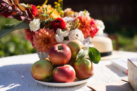 Still life of autumn vegetables and fruits on the street on the tableの写真素材