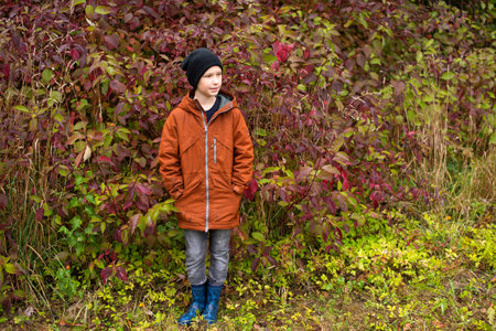 A cute boy in rubber boots and a jacket is standing in the autumn forestの写真素材